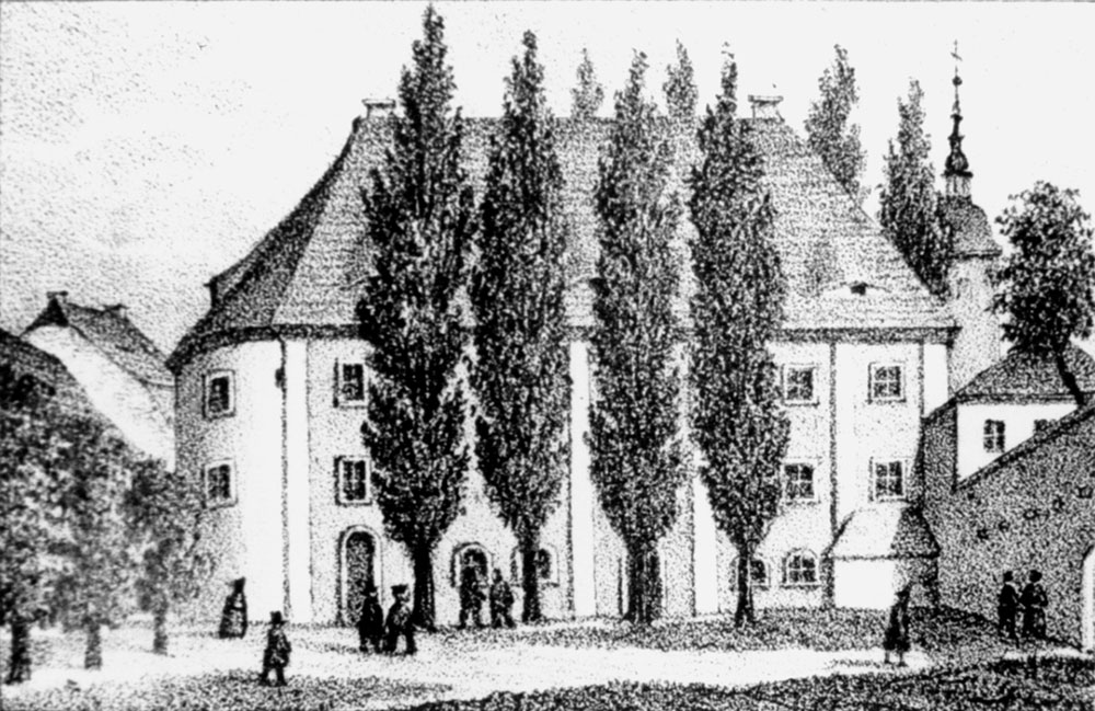 alte Schwarzweiß-Zeichnung des Theaters 1808